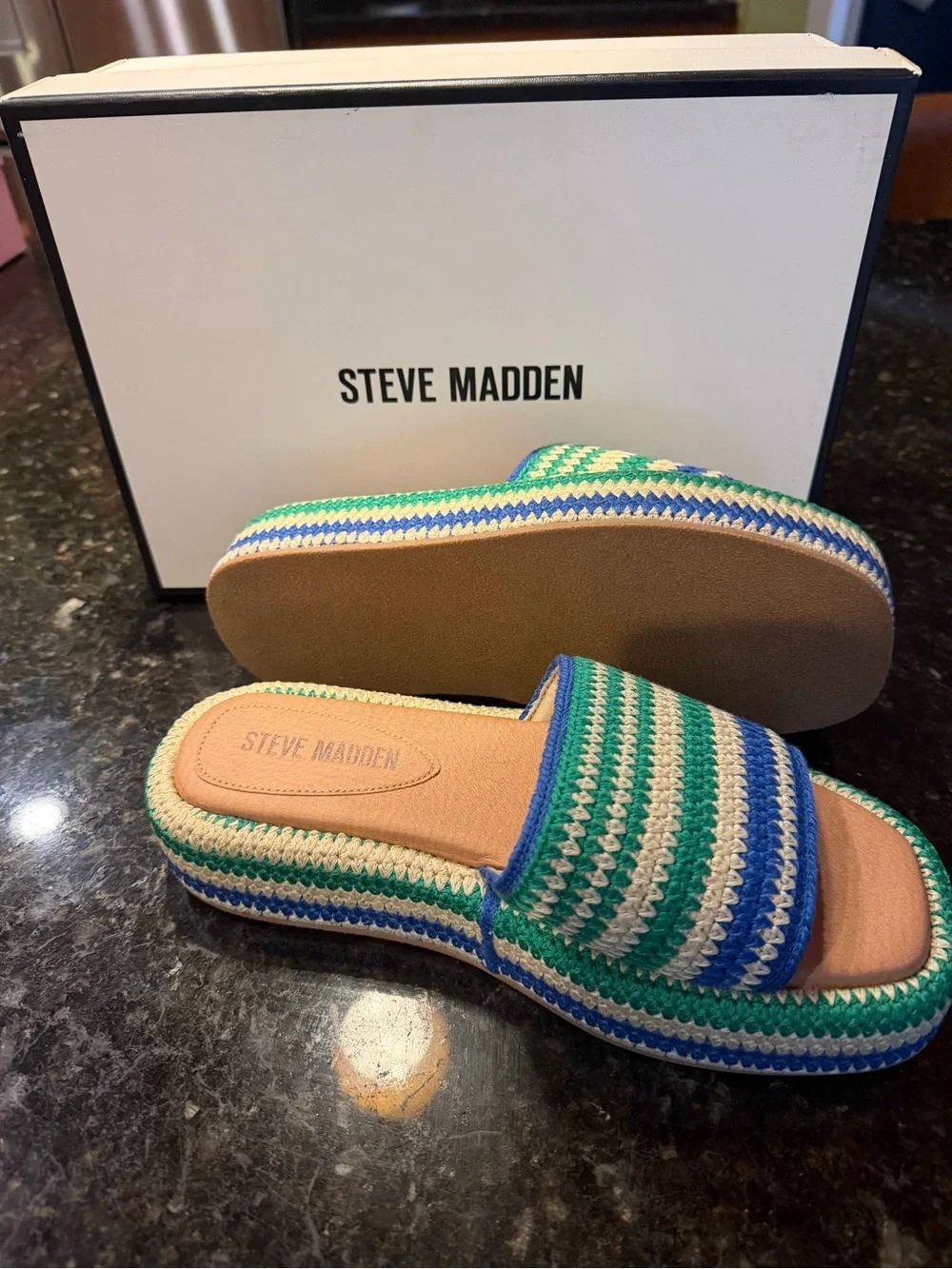 Steve Madden Blue, Green & Cream Striped Crochet Slide Sandals NWT